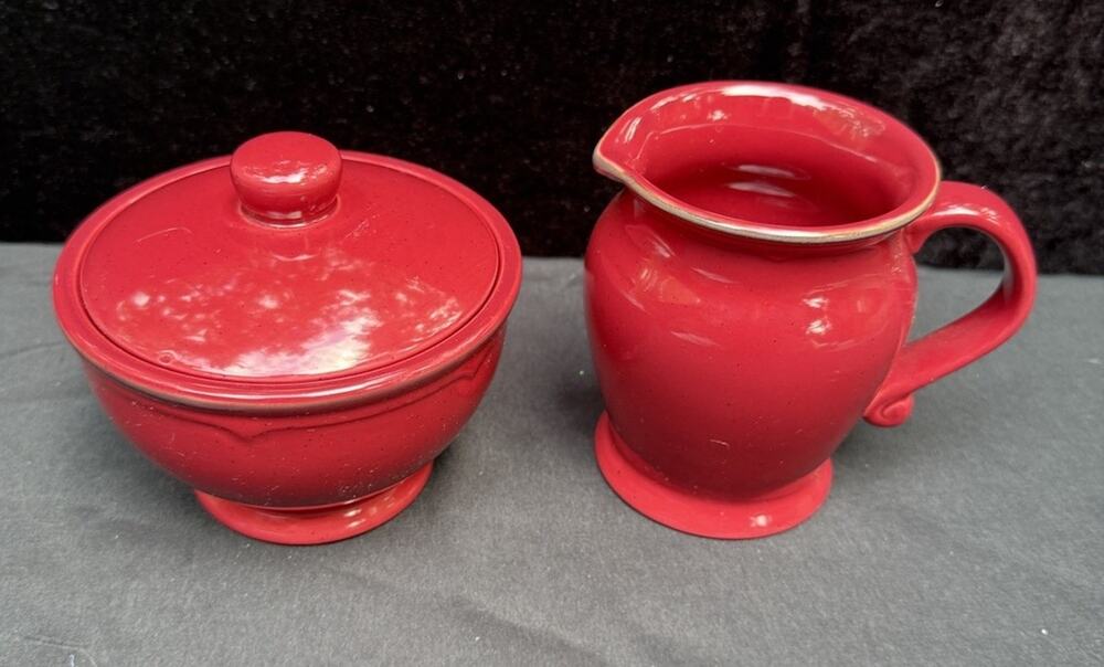 Sabatier Cannes Stoneware Pitcher Red Speckled Cream & Sugar Rustic Vintage